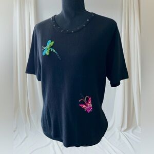 Vintage 90s Just B. Embroidered Beaded Sweater Butterfly Dragonfly L Embellished